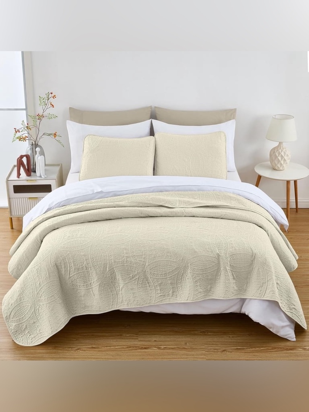 Ivory queen 3 piece Quilted Bedspread Set - Elegant Coverlet